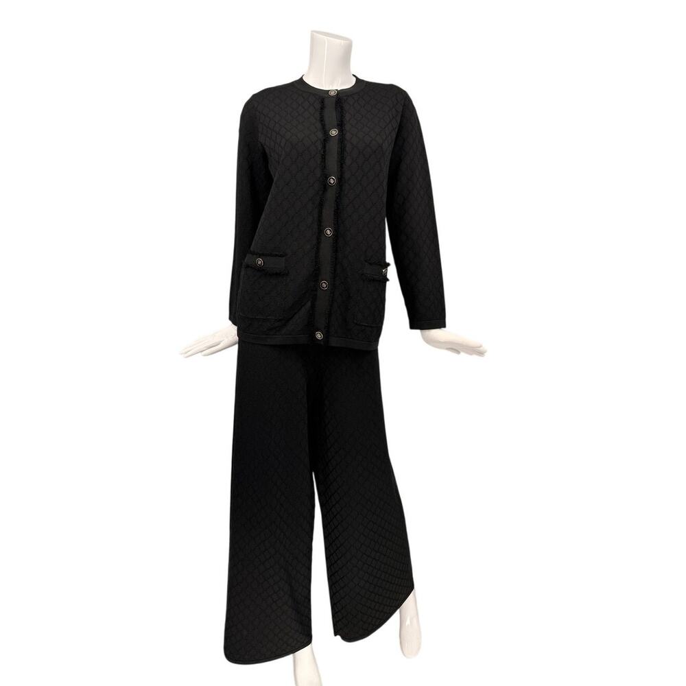 Carolina Herrera Quilted Knit Cardigan & Wide Leg Pants Set Black Size S/L - Picture 2 of 12